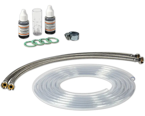 Instalační sada pro změkčovač vody s hadicemi, těsněními, lahvemi a příslušenstvím