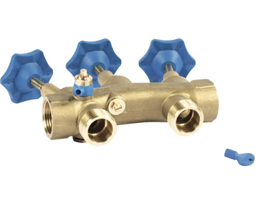 Rozdělovač topného okruhu z mosazi s modrými držadly