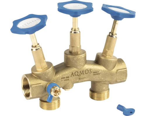 AQUAMOS mosazný rozdělovač topného okruhu s modrými rukojeťmi