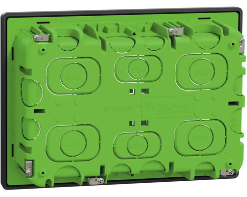 Logo společnosti Schneider Electric. Zapuštěná rozvodná krabice s otvory pro kabely