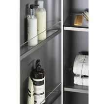 Detail koupelnové skříňky s pečujícími produkty, ručníky a kartáči na skleněných policích