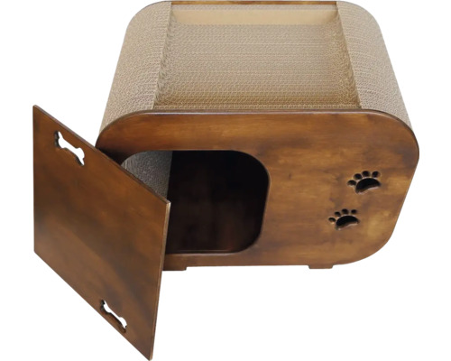 Škrabadlo pro kočky s otevřenými dvířky a škrabací plochou nahoře