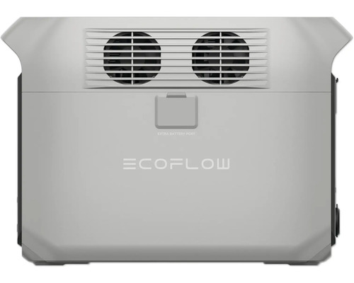 Logo EcoFlow na přenosné napájecí stanici s ventilátorem a připojením baterie