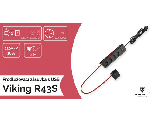 Prodlužovací kabel se čtyřmi zásuvkami Schuko, třemi porty USB a logem Viking Technology