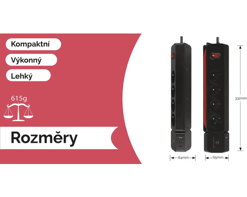 Obrázek prodlužovacího kabelu s USB porty a rozměry.