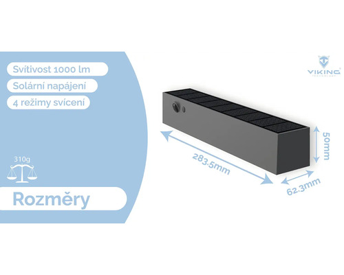 Obrázek solární lampy o rozměrech 283,5 x 62,3 x 50 milimetrů.