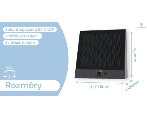 Rozměry solárního svítidla 150 x 157,78 x 49,78 milimetrů