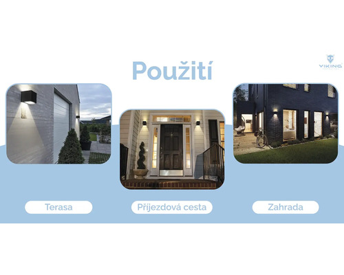 Příklady použití venkovních svítidel: terasa, příjezdová cesta a zahrada