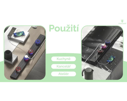 Příklady použití prodlužovacího kabelu v kuchyni, kanceláři a ateliéru.