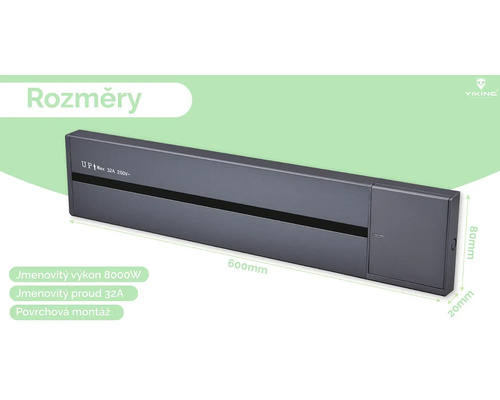 Obrázek rozměrů topného panelu značky Viking