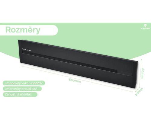 Rozměry černého radiátoru o rozměrech 600 mm šířka, 80 mm výška a 20 mm hloubka