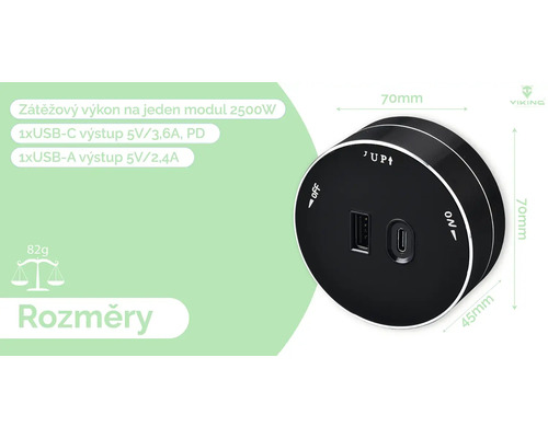Nabíjecí modul VIKING s USB A a USB C portem a výkonem 2500 W