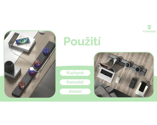 Stolní zásuvková lišta s USB porty používaná v kuchyni, kanceláři a ateliéru