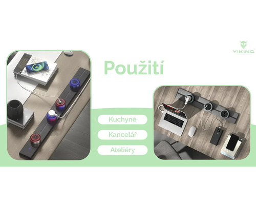 Vícezásuvková lišta s USB porty používaná v kuchyni, kanceláři a ateliéru