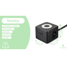 Černá napájecí kostka se zásuvkami Schuko a USB porty.