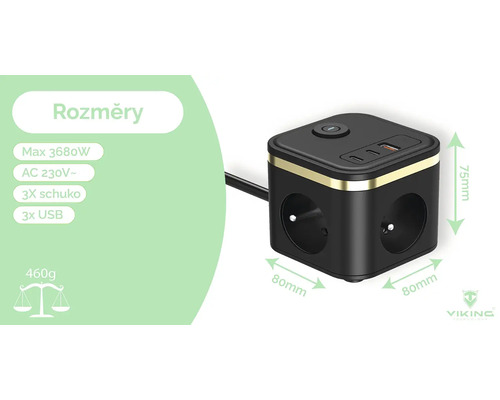 Krychlová zásuvková lišta se třemi zásuvkami Schuko a třemi porty USB