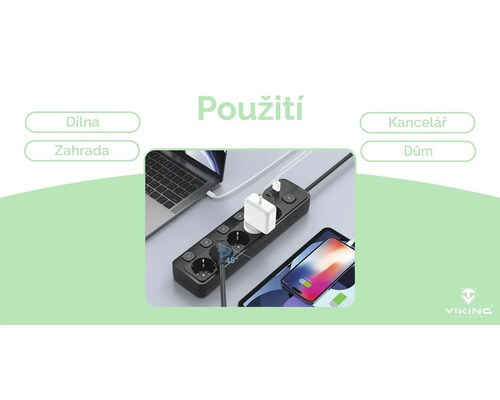 Prodlužovací kabel s USB porty, připojený k notebooku a smartphonu.