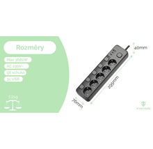 Obrázek napájecí lišty s pěti zásuvkami Schuko a třemi porty USB