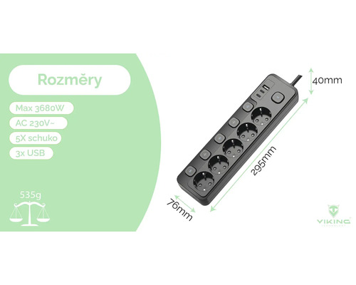 Obrázek napájecí lišty s pěti zásuvkami Schuko a třemi porty USB