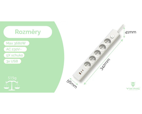 Prodlužovací kabel s pěti zásuvkami Schuko a třemi porty USB, s rozměry