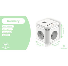Bílá krychle se třemi zásuvkami Schuko a třemi porty USB s údaji o velikosti