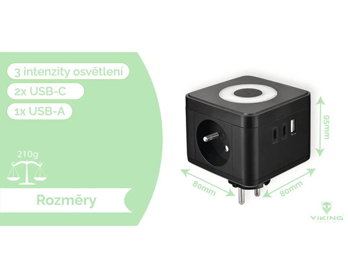 Krychlová zásuvka se třemi intenzitami osvětlení, dvěma porty USB-C a jedním portem USB-A.