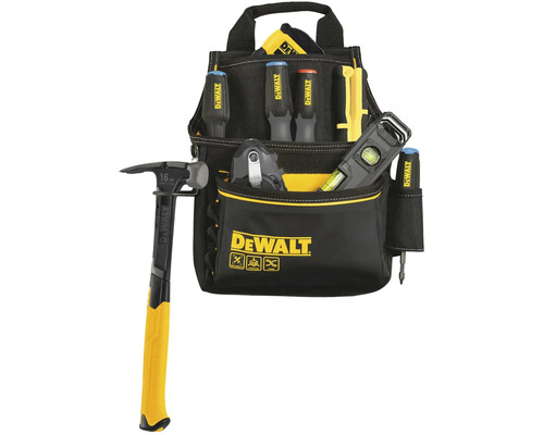 Opasek na nářadí s kladivem, šroubováky, svinovacím metrem a vodováhou