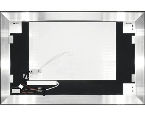 Zadní strana zrcadla se stříbrným rámem, LED osvětlením a montážními prvky.