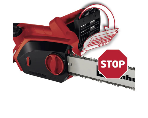 Řetězová pila s bezpečnostními prvky a značkou stop