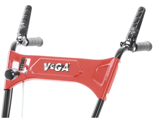 Detailní pohled na červené řídicí oje sněhové frézy s černým logem Vega