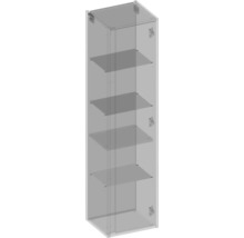 Úzká skleněná vitrína se čtyřmi policemi pro skladování a prezentaci