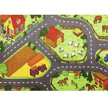 Hrací koberec s motivem farmy, včetně silnic, domu, pole a zvířat