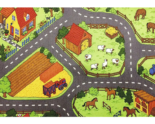 Hrací koberec s motivem farmy, včetně silnic, domu, pole a zvířat