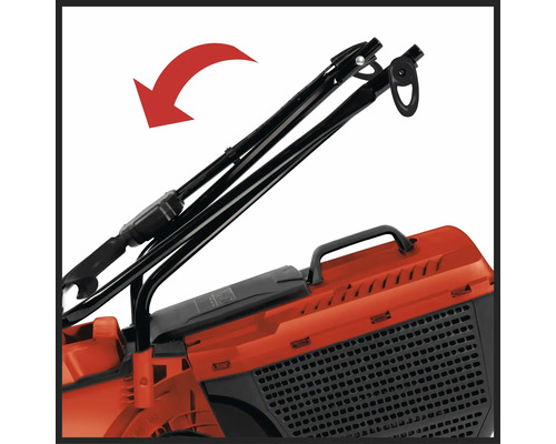 Detailní pohled na sekačku na trávu se sklopnou rukojetí