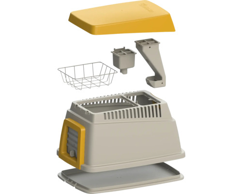 Rozložená kočičí toaleta s různými komponentami