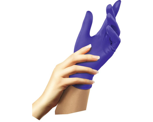 Modré nitrilové jednorázové rukavice na paži