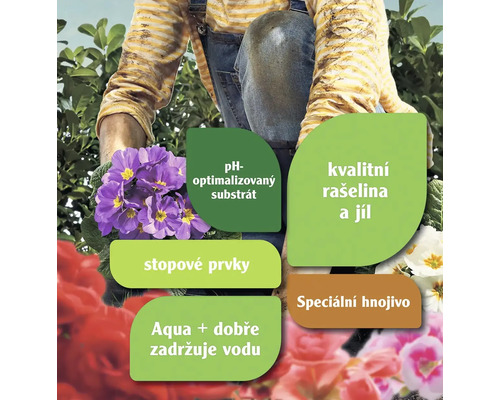 Zemina s optimalizovaným pH, kvalitní rašelinou a jílem, stopovými prvky, speciálním hnojivem a dobrou retencí vody pro zahradní rostliny.