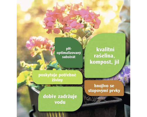 Informace o substrátu s optimalizovaným pH, živinách, zadržování vody, kvalitní rašelině, kompostu, jílu a hnojivech se stopovými prvky.