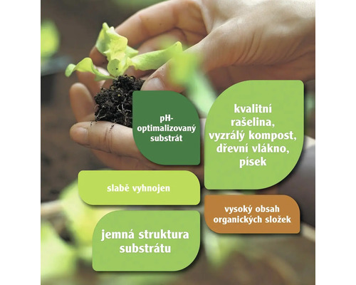 Ruka drží rostlinu se substrátem, obklopenou textovými poli s informacemi o pH, rašelině, kompostu a organických složkách