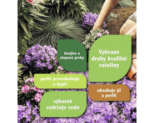 Ilustrace zeminy s živinami a stopovými prvky, kvalitní rašeliny, perlitu pro provzdušnění a kypření, dobré retence vody a jílu a perlitu.