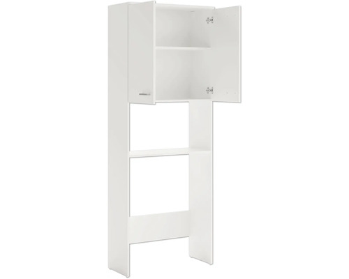 Bílá vysoká koupelnová skříňka s policemi a skříňkami