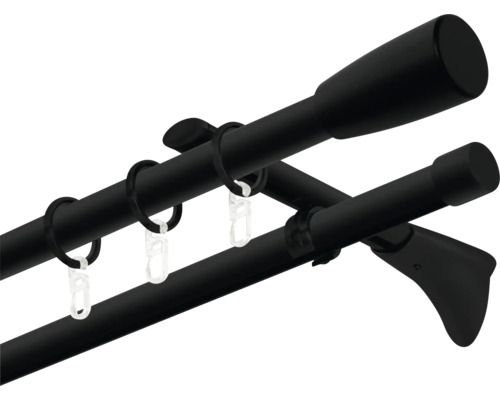 Dvojitá záclonová tyč s kroužky a háčky pro upevnění záclon