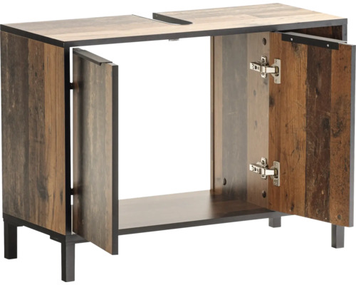 Skříňka pod umyvadlo z dřevěného materiálu se dvěma dvířky a policí