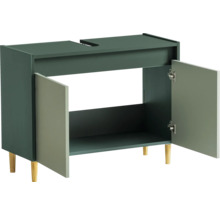 Skříňka pod umyvadlo se dvěma otevřenými dvířky a dřevěnýma nohama