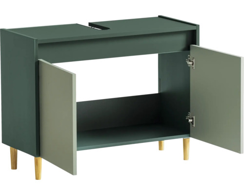 Skříňka pod umyvadlo se dvěma otevřenými dvířky a dřevěnýma nohama