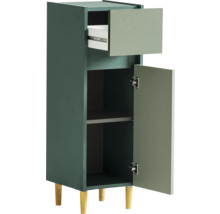 Vysoká skříňka se zásuvkou, otevřenými dveřmi a policemi