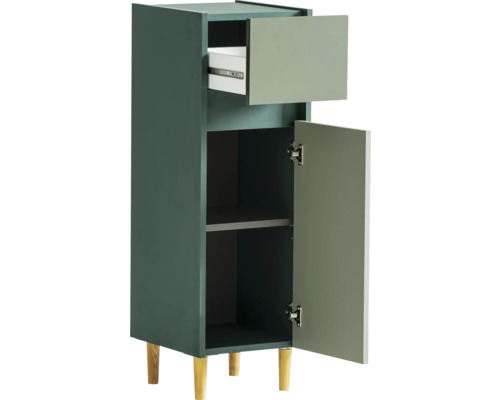 Vysoká skříňka se zásuvkou, otevřenými dveřmi a policemi