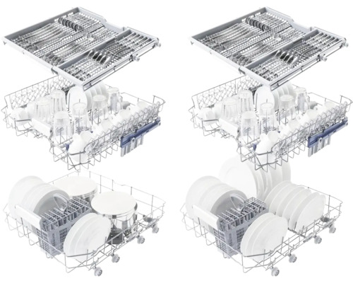 Myčka nádobí s nádobím, sklenicemi a příbory