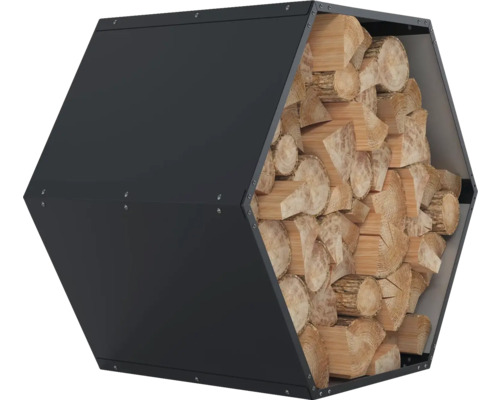 Šestiúhelníkový kovový regál na dřevo naplněný poleny