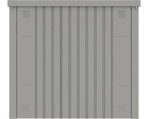 Kovová přední strana zahradního domku s vertikálními vzpěrami a větracími otvory